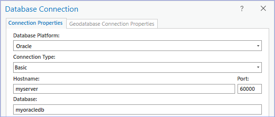 Connection to an Oracle database using Easy Connect information for a server named myserver and service name myoracledb using a nondefault port of 60000 Connection to an Oracle database using Easy Connect information for a server named myserver and service name myoracledb using a nondefault port of 60000